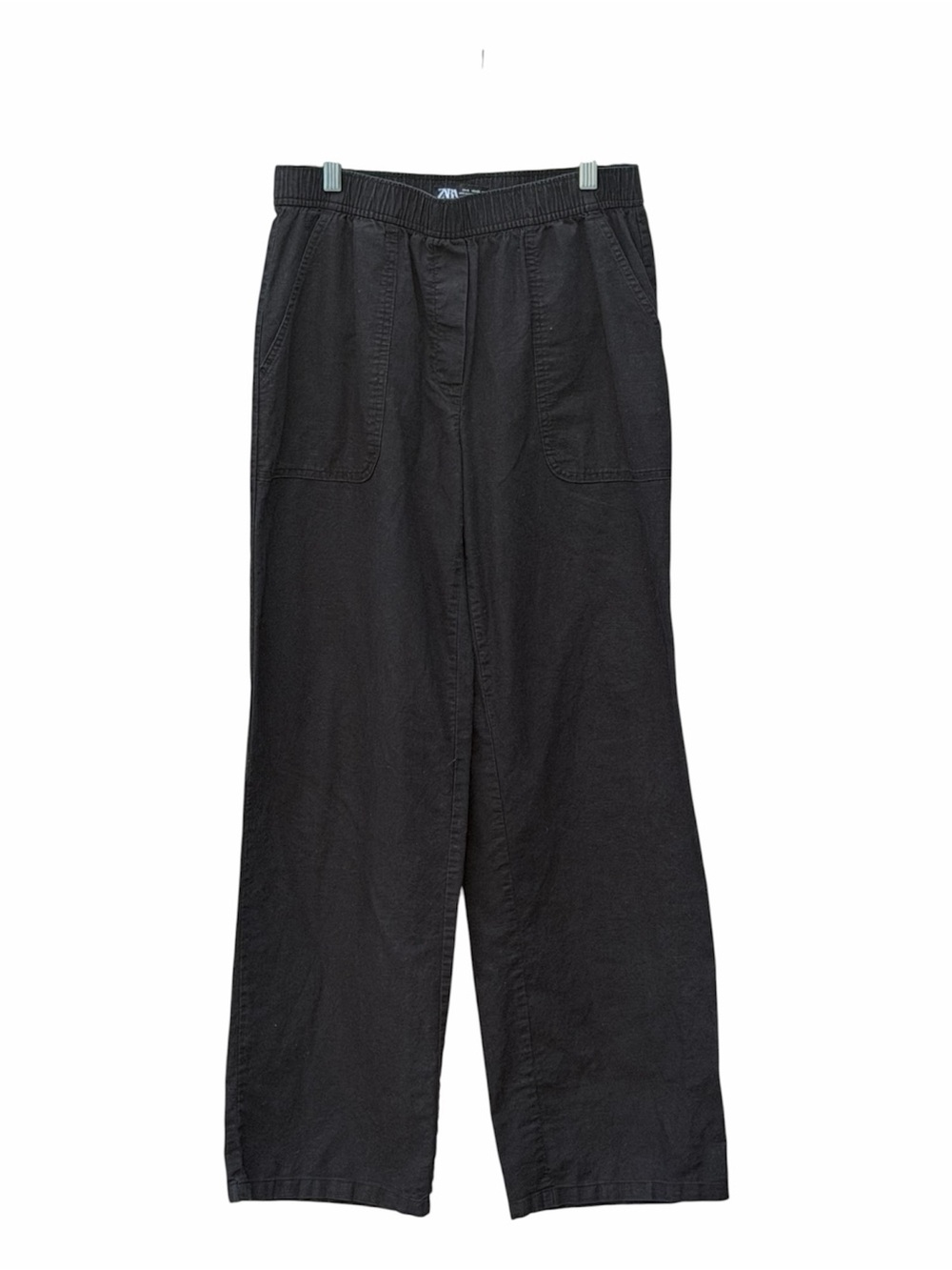 Zara Wide-Leg Black Women's Pants Elastic Waist- Cotton/linen-pockets-Tall/Small